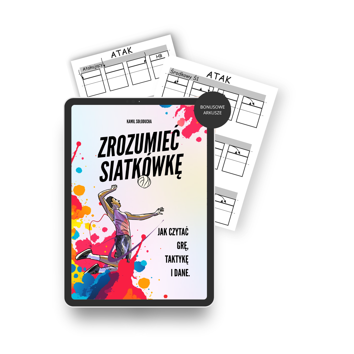 Mockup e-booka Zrozumieć Siatkówkę z bonusowymi arkuszami treningowymi