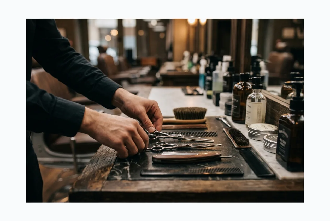 Profesjonalne narzędzia barberskie, nożyczki, brzytwa i maszynka na eleganckim stanowisku pracy w salonie barberskim