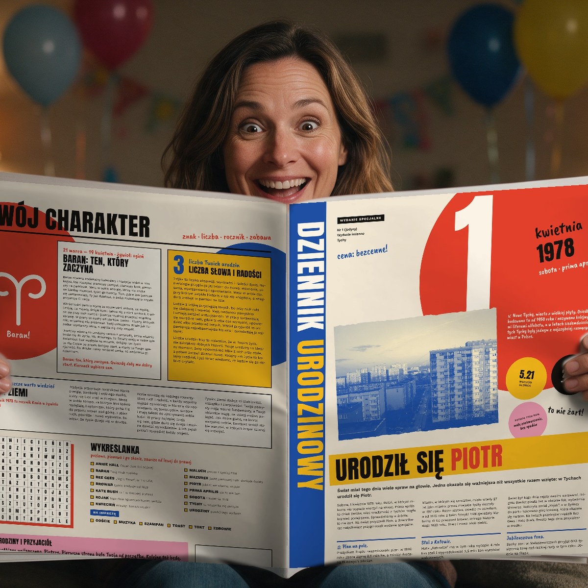 Kobieta z radością czyta Dziennik Urodzinowy w wersji Plakat z imieniem w nagłówku