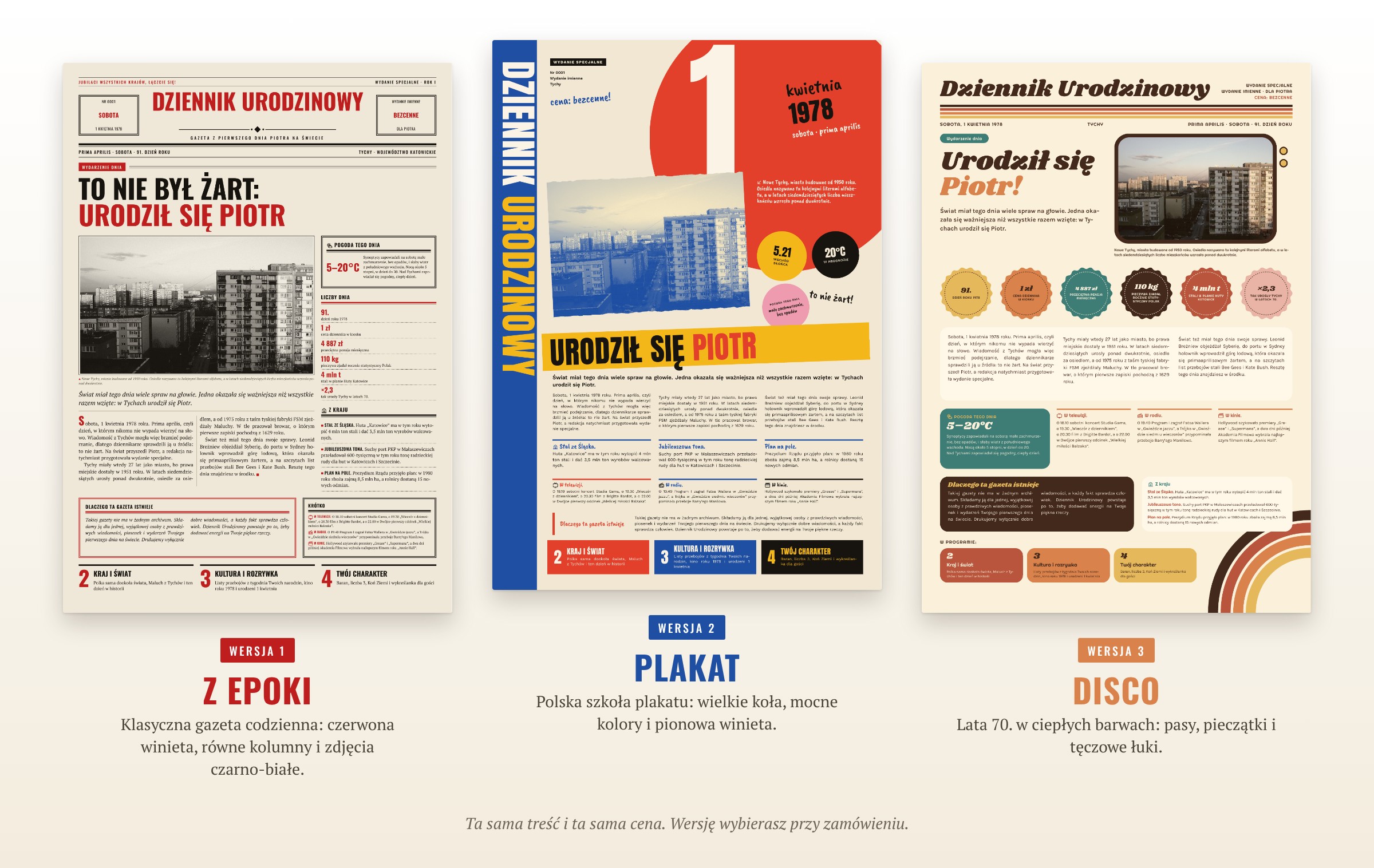 Trzy wersje graficzne Dziennika Urodzinowego obok siebie: Z epoki, Plakat i Disco. Ta sama pierwsza strona w trzech stylach.