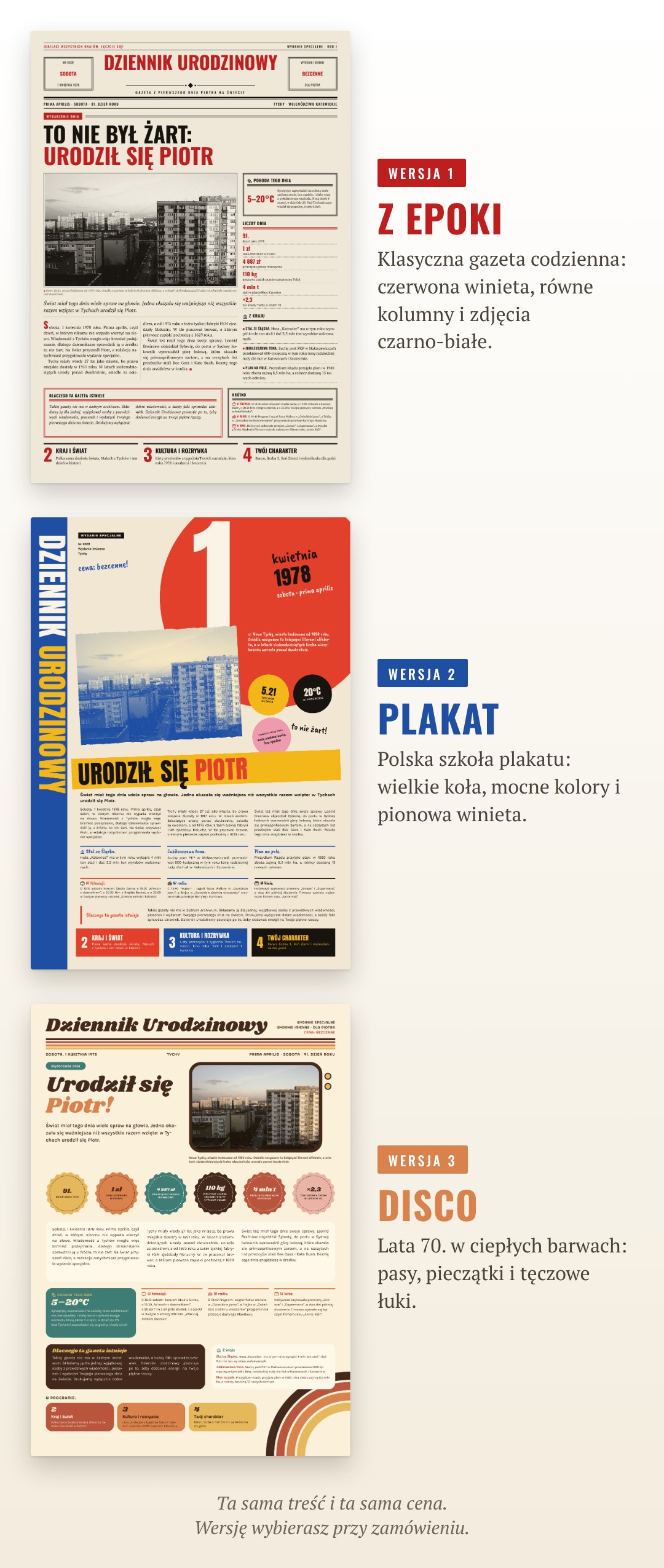 Trzy wersje graficzne Dziennika Urodzinowego jedna pod drugą: Z epoki, Plakat i Disco. Ta sama pierwsza strona w trzech stylach.